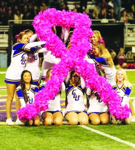 Think pink: The Cal Lutheran cheer team present a tribute to those fighting breast cancer during halftime. Photo by Isabella Del Mese - Photo Editor