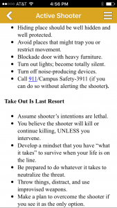 One section of the app explains how to respond to an active shooter situation. Screen shots by Dakota Allen - News Editor