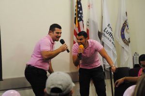Thinking pink: Senior Resident Assistant Daniel Chavez and RA Dylan Mukhar host the Think Pink Fashion Show put on by Trinity Hall staff. Photo by Arianna Macaluso- Photojournalist