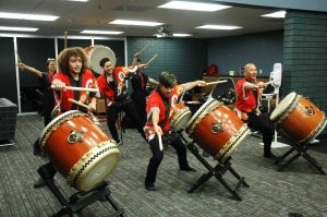 The Jishin Taiko Ensemble from California State University, Northridge, shows off their traditional Japanese drumming skills at Cal Lutheran's World Fair. Photo by Katherine Lippert- Reporter. 