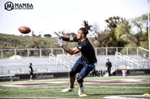 NFL draft prospect Anthony Ratliff-Williams makes a catch during a Mamba Sports Academy training session in William Rolland Stadium. The wide-receiver forgoed his senior year at the University of North Carolina to declare for the 2019 draft.  (Photo courtesy of  the Mamba Sports Academy Twitter @MambaSportsHQ )
